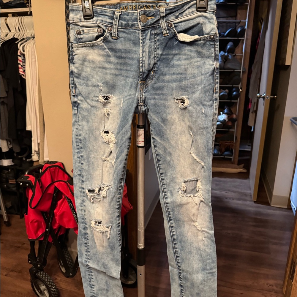 American Eagle Outfitters Light Blue Distressed Skinny Jeans Extreme Flex